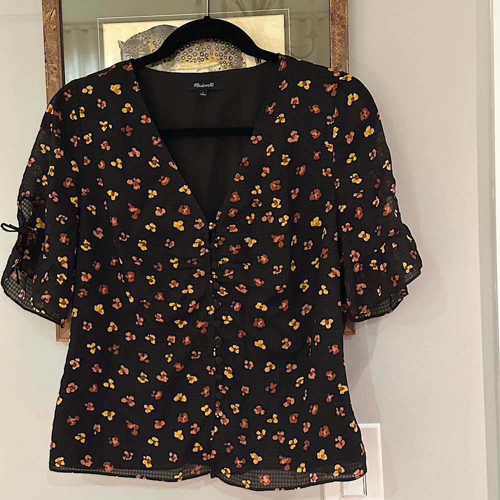 Madewell Silk Daylight Tie-Sleeve Top | Feline Floral Print | Size 4 | Like New